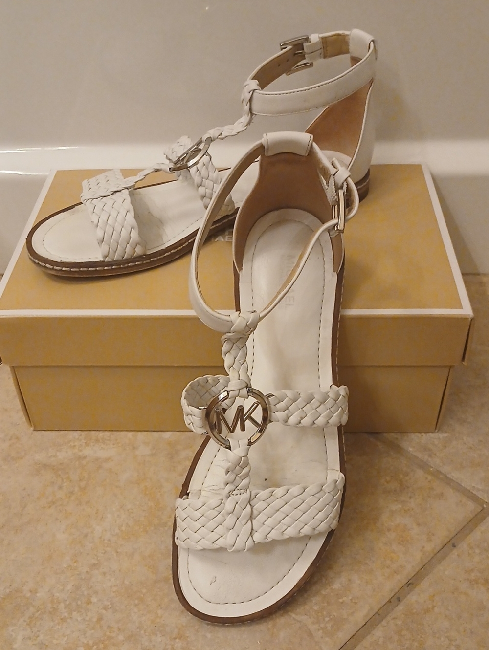 Michael Kors White Braided T-Strap Sandals with Gold MK Emblem